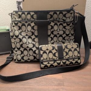 Coach Black and Tan Signature Canvas Crossbody and Wallet Set